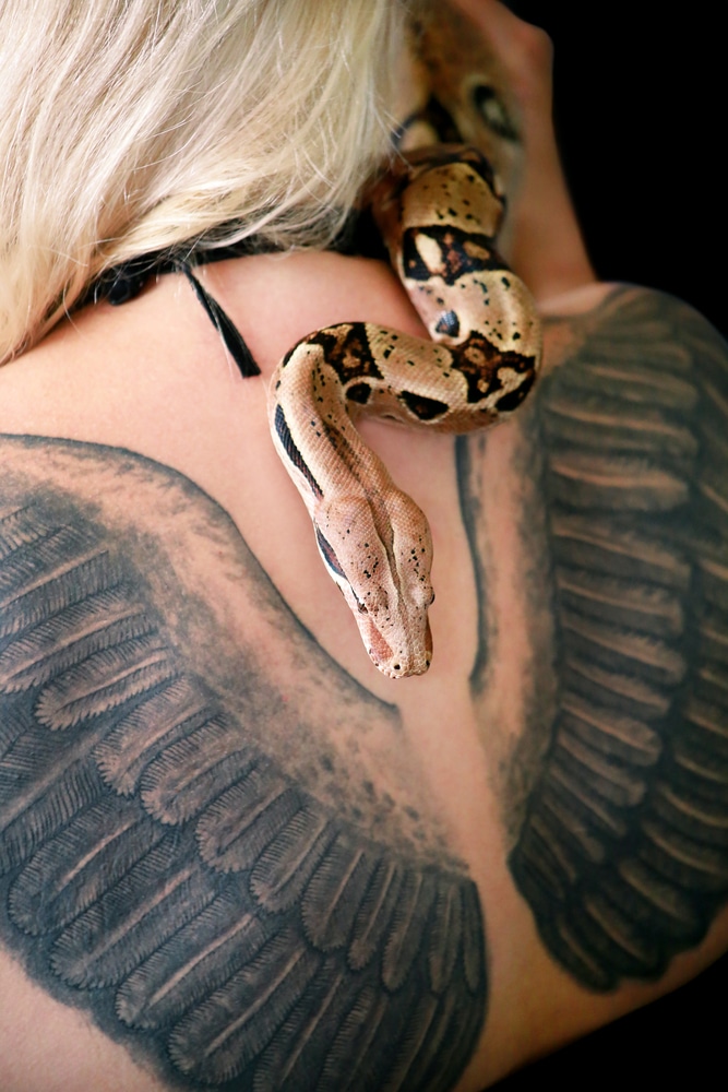 huge wing back tattoo and snake on young women