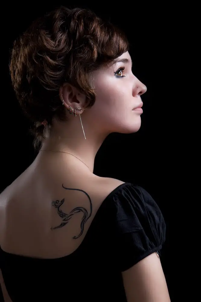 elegant back tattoo on minimal cat on pretty women