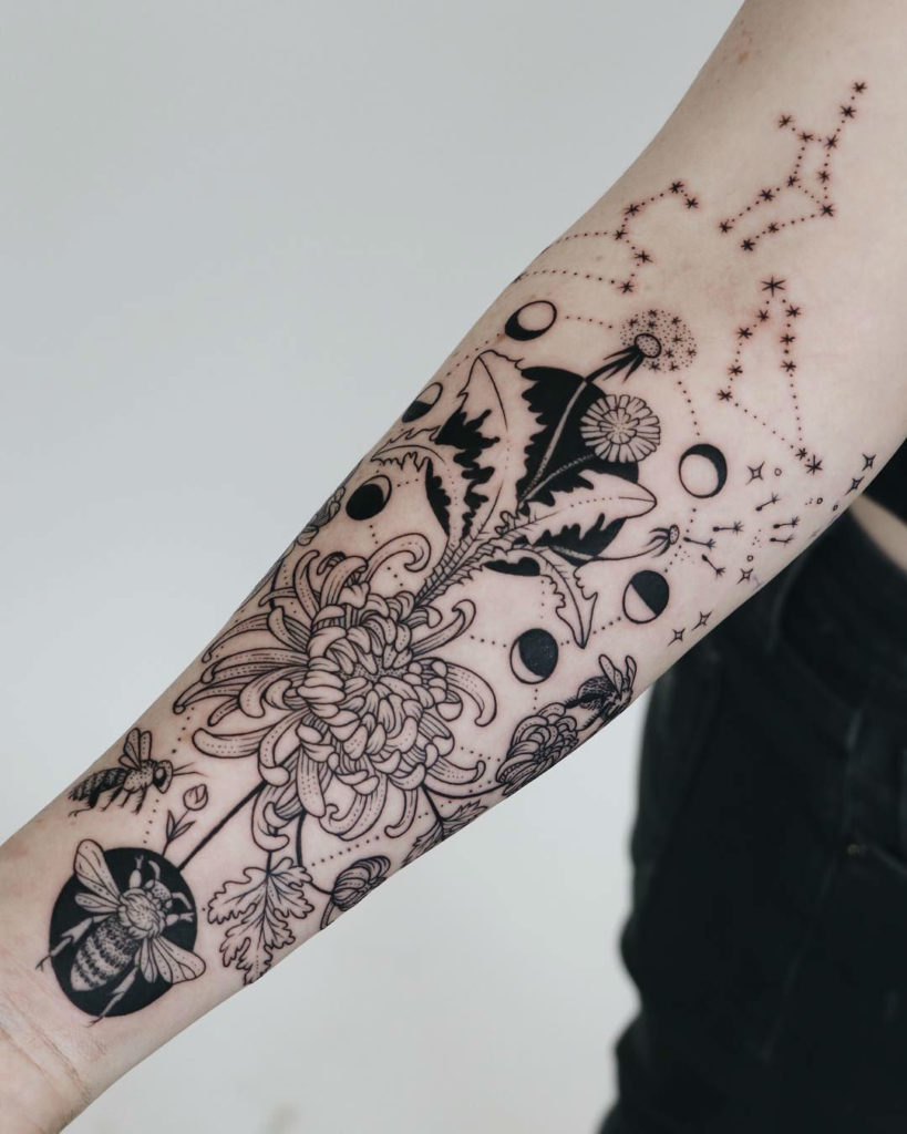 Plants, Alchemy, Space, and Animals in One Tattoo Symphony