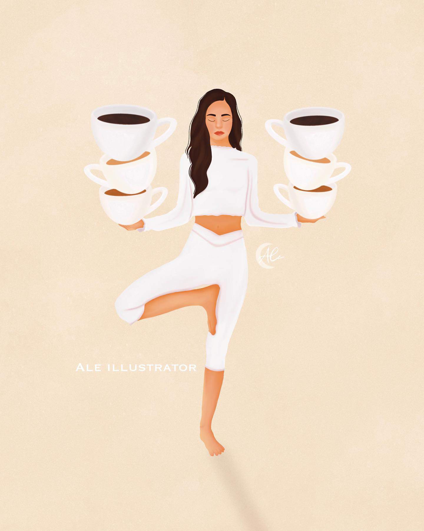 a woman doin a tree pose with stacks of cup of coffee on both hands