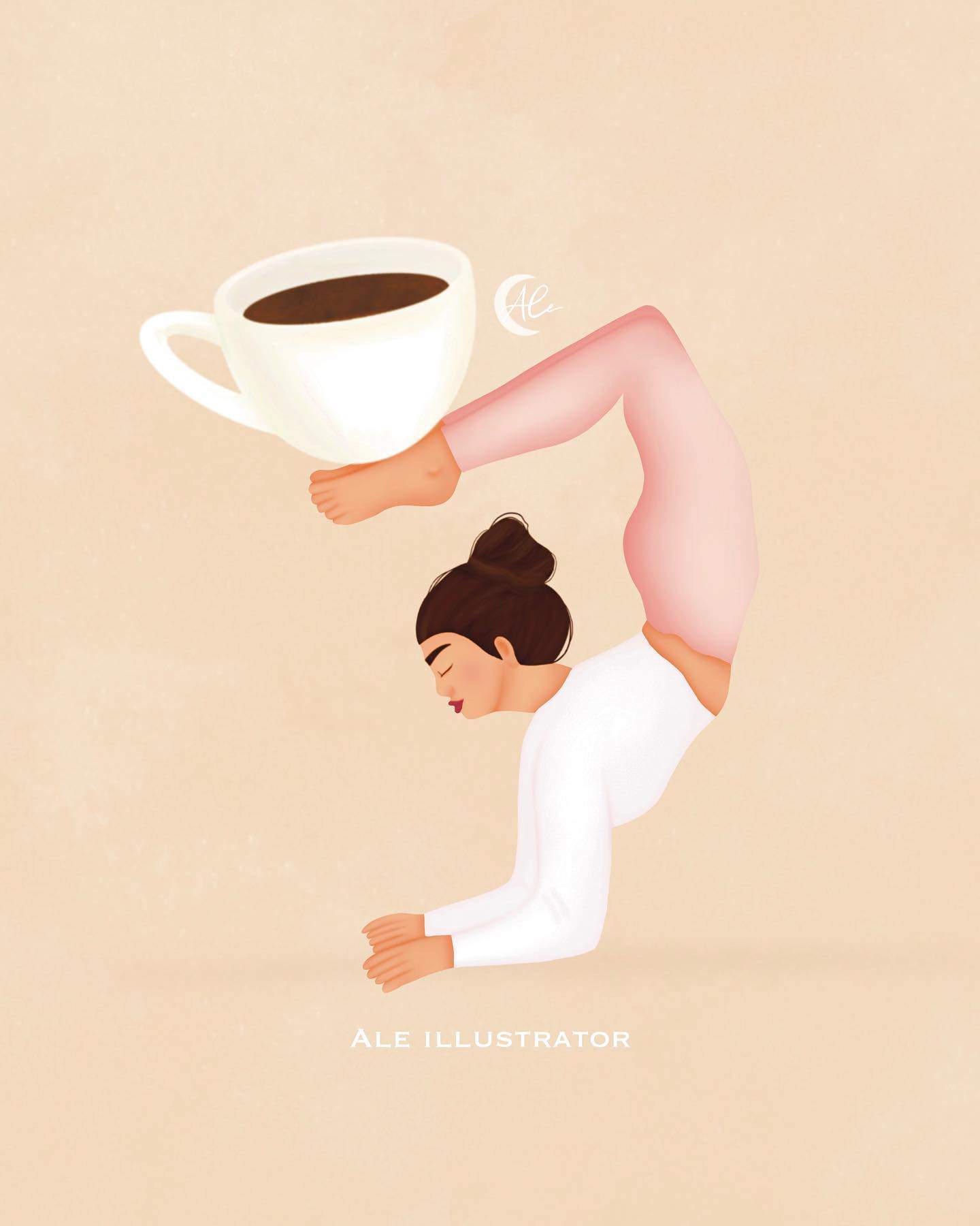 a woman doing a forearm stand with a cup of coffee on her feet