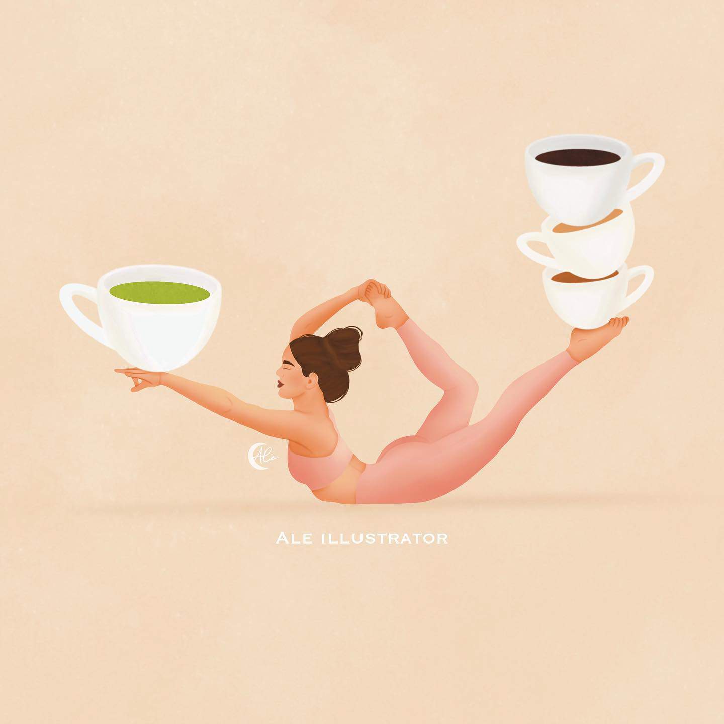 a woman doing a yoga bow pose with cups of coffee on her right hand and right leg
