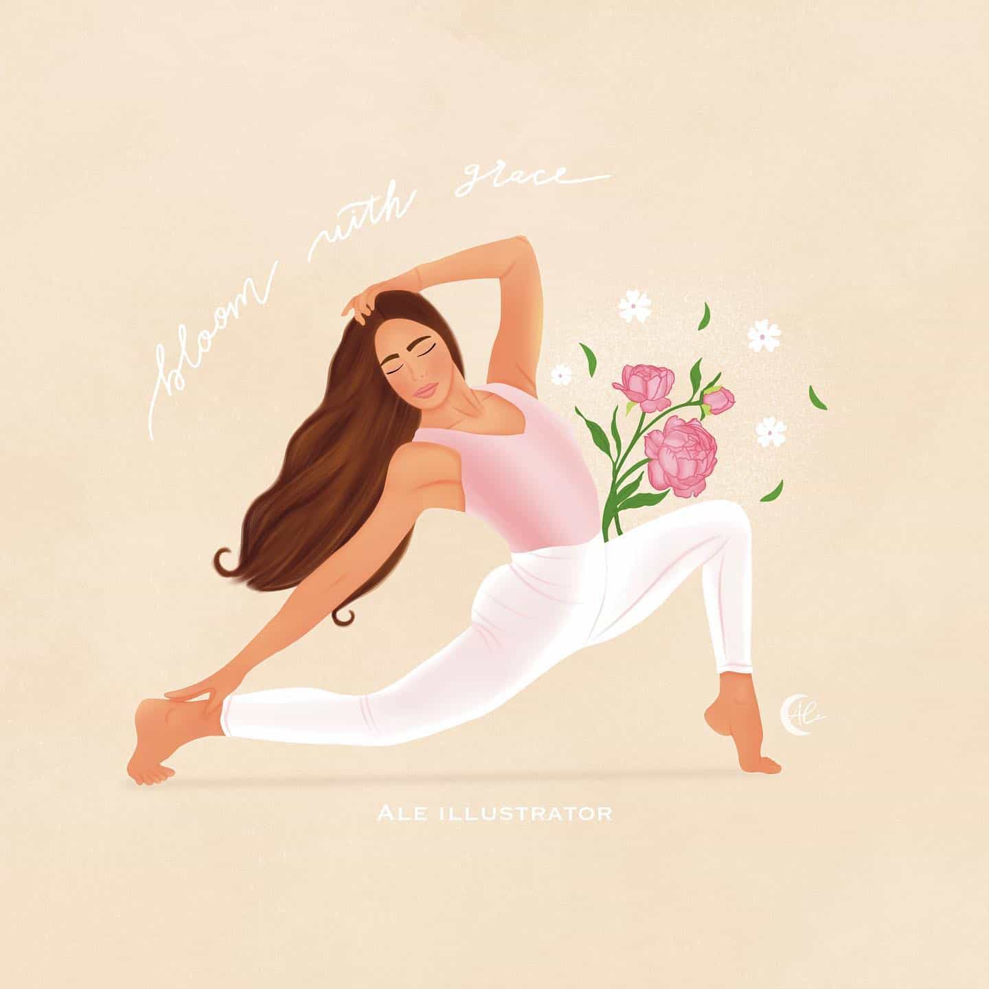 a woman doing a yoga pose on a pink background