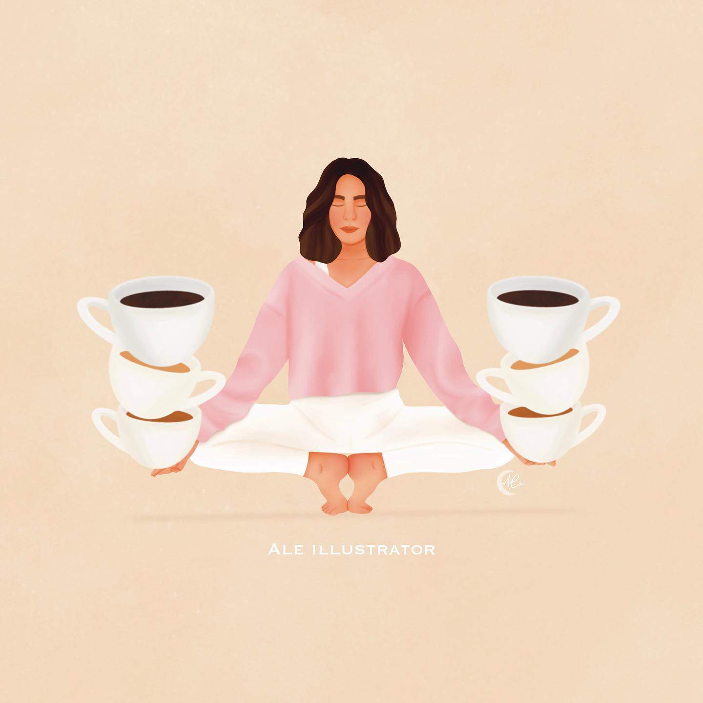 a woman meditating with coffee cups on both hands