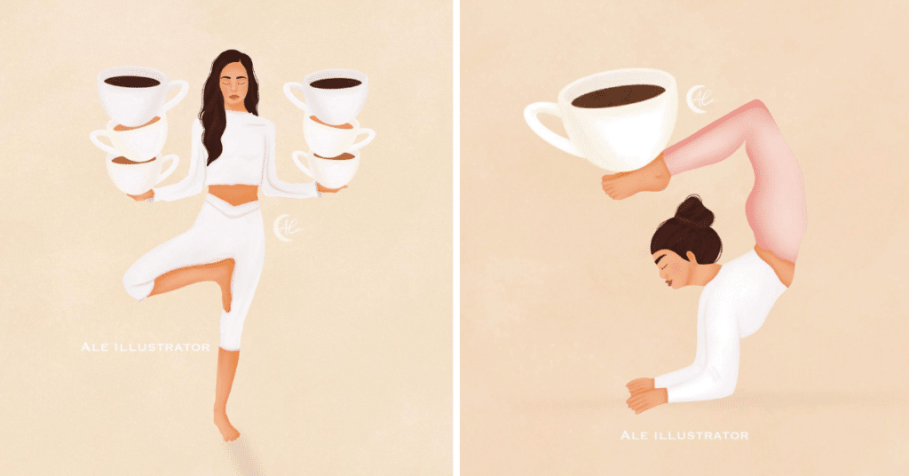 illustrations of women doing yoga with coffee