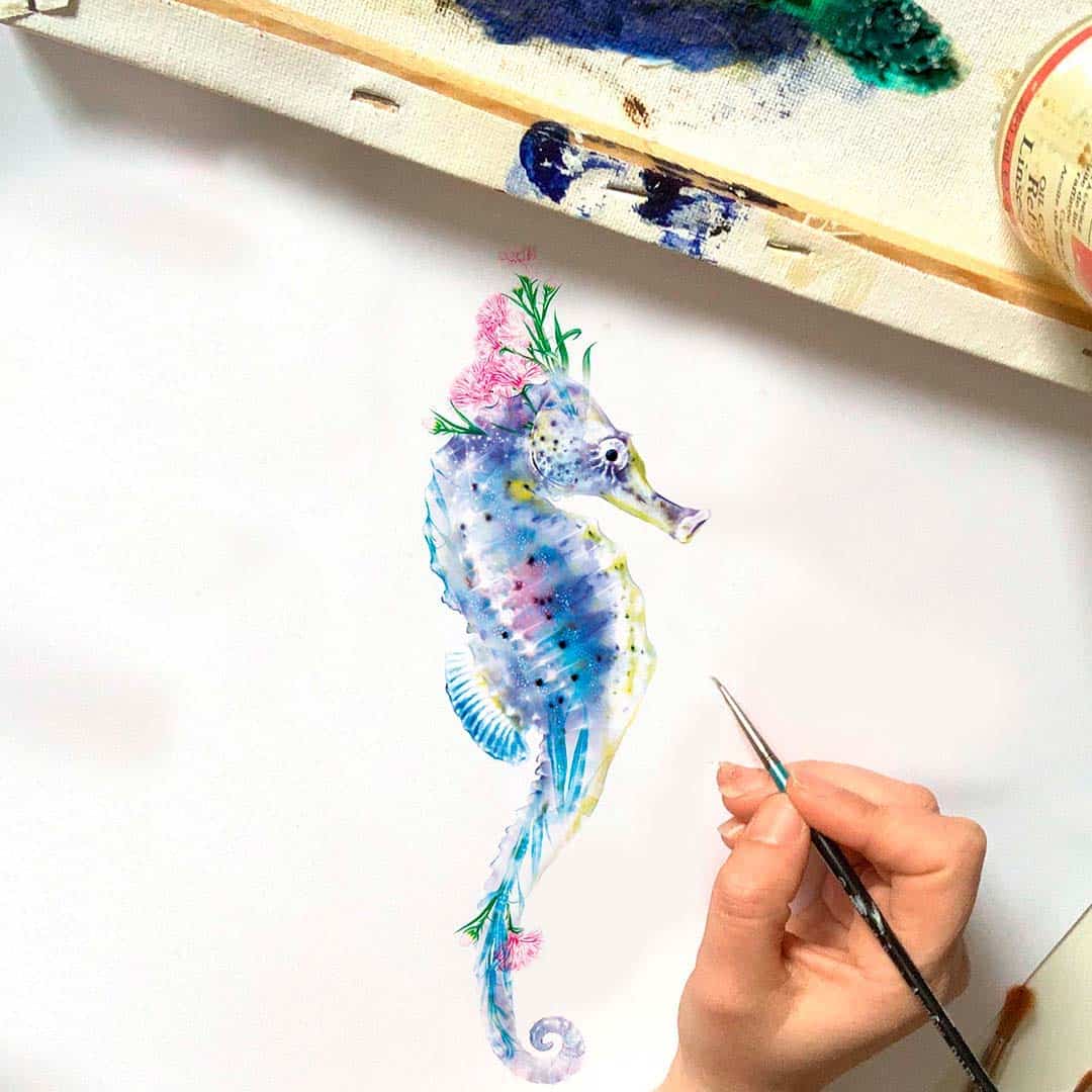 beautiful and colorful watercolor painting of a seahorse