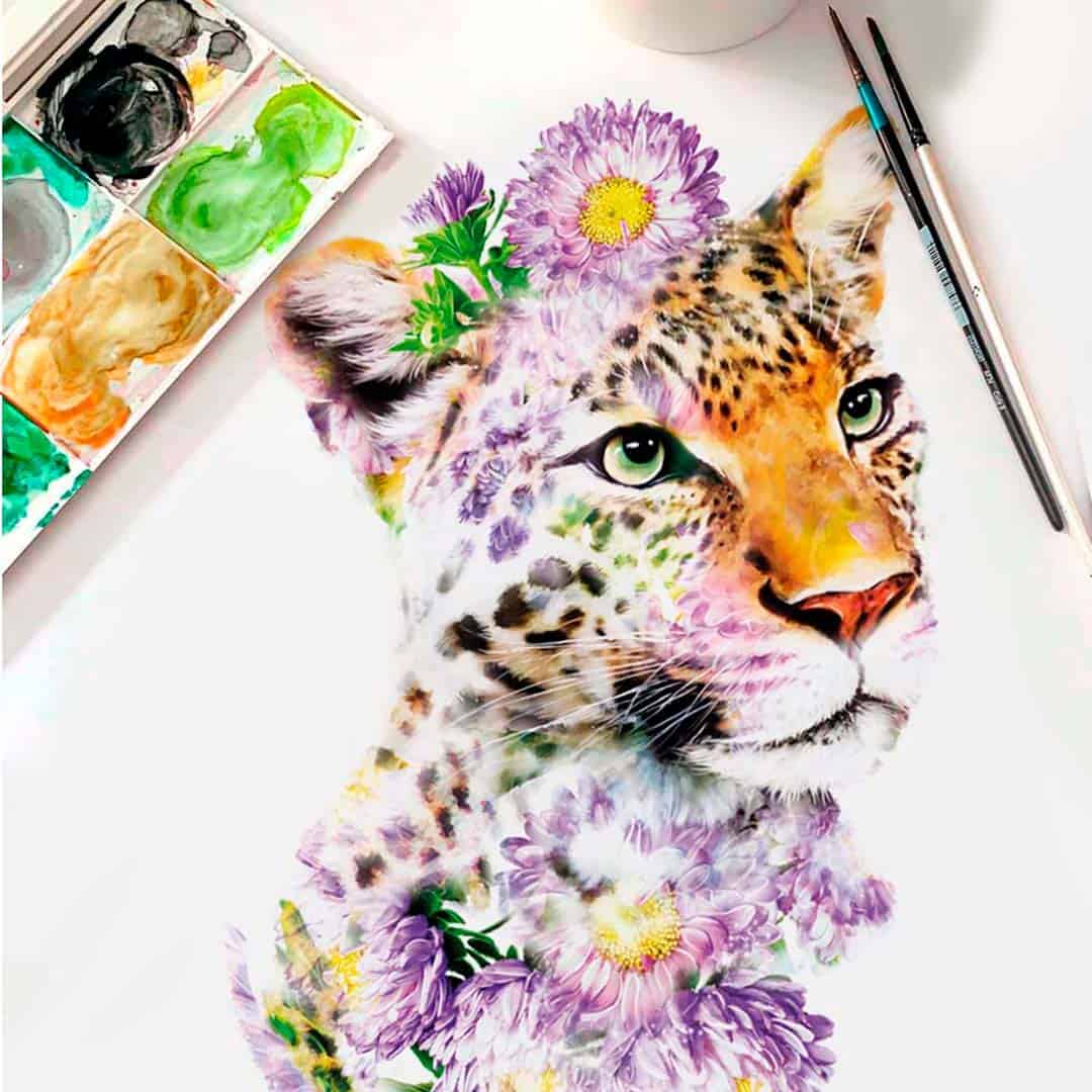A bright and vivid painting of a tiger with flowers