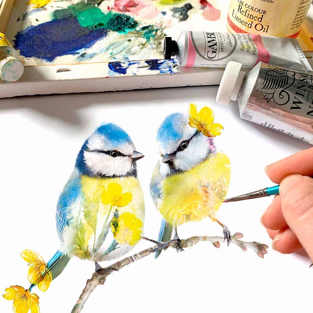 beautiful painting of a couple of birds with yellow flowers