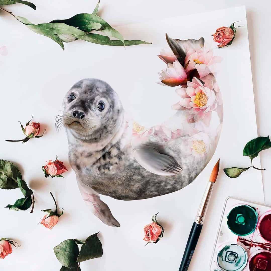 a cute painting of a seal covered in flowers