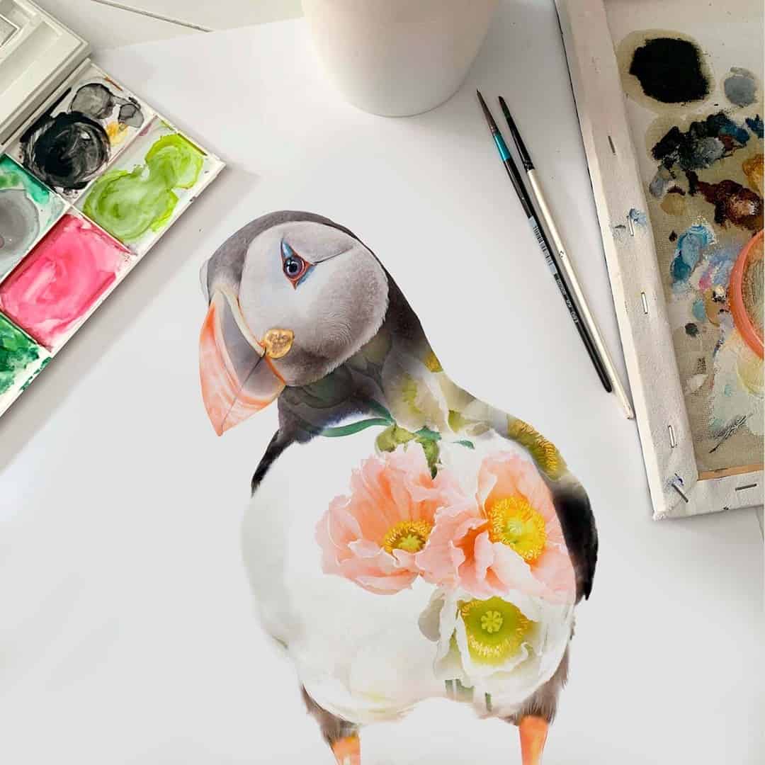 vibrant painting of a bird with colorful flowers