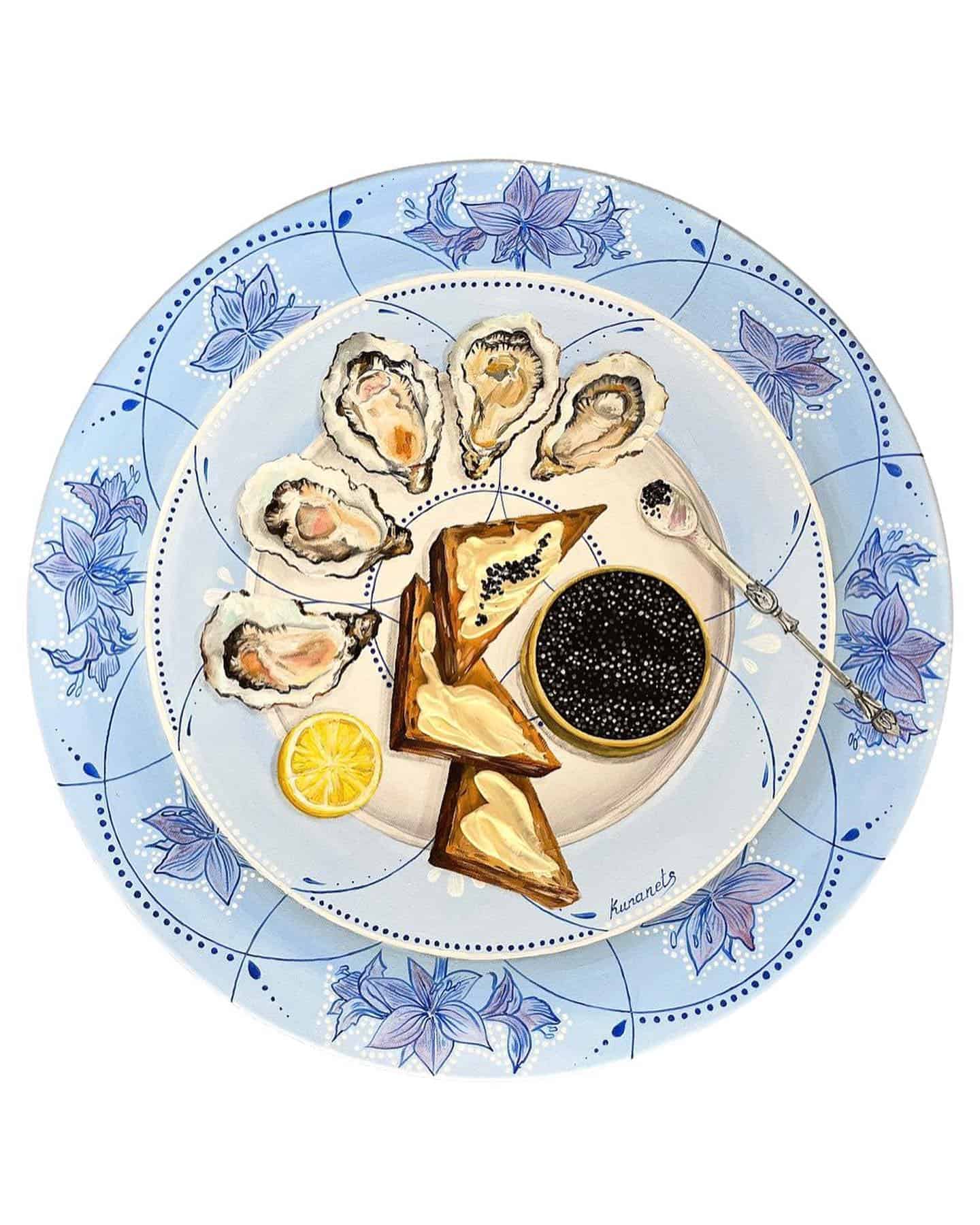oil painting of caviar and oysters