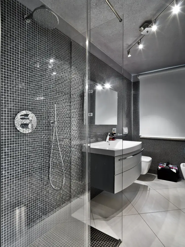 shiny black mosaic wall tiles, clear glass shower door, track lights and glossy gray wall mounted storage bathroom design