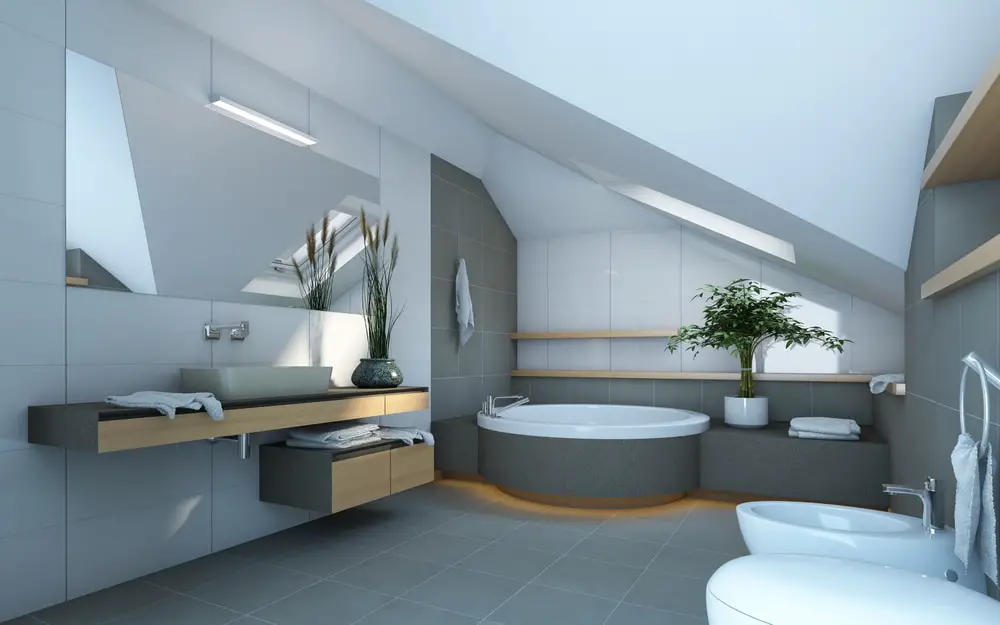 bluish gray bathroom design with walk in tub and wall mounted countertop and tabletop lavatory
