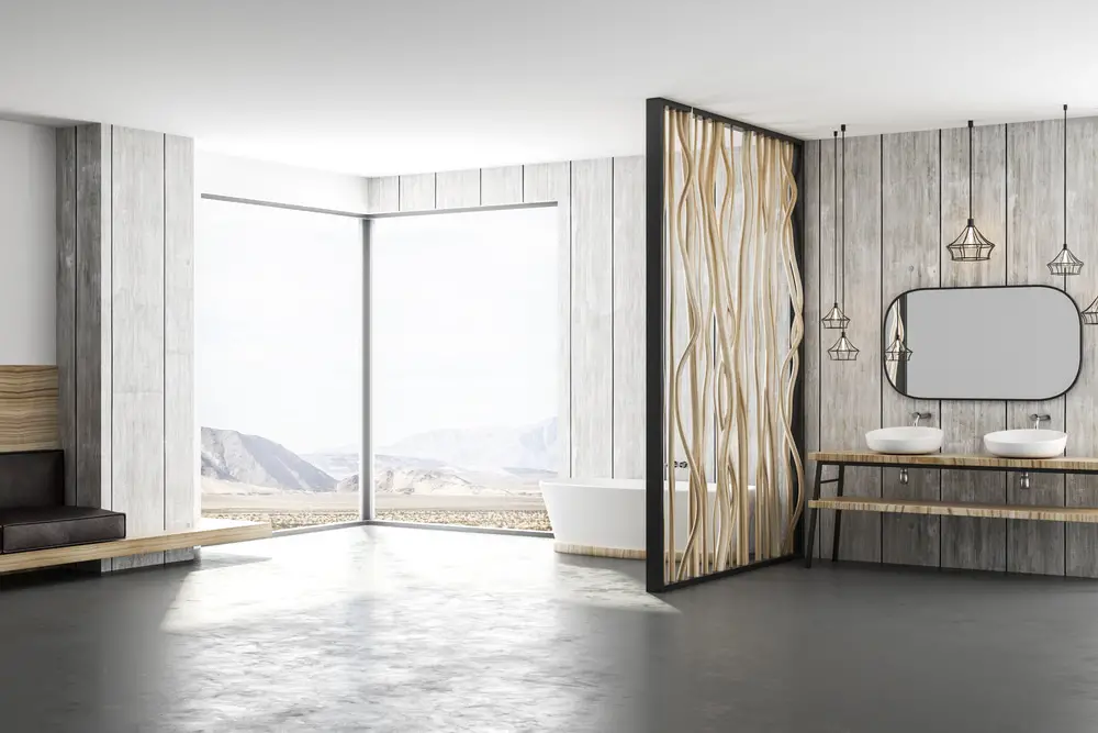 wood panel walls with swirling bamboo divider and panoramic window bathroom designs