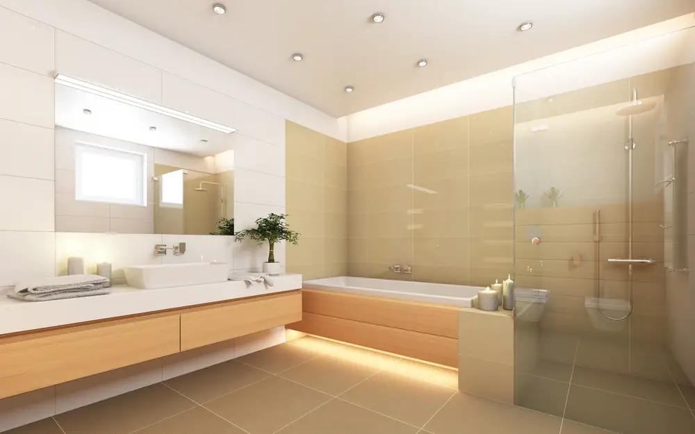 a simple and chic bathroom design rendered in light brown palettes and orange-brown wood veneer with walk in tub and shower