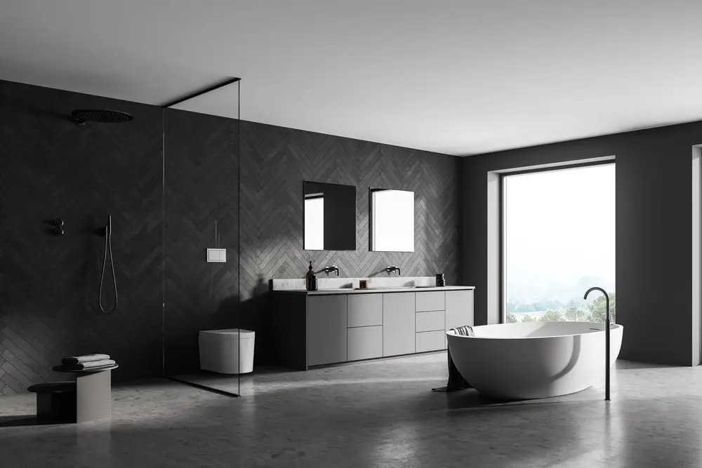 spacious modern bathroom design interior in gray tones with concrete floor, freestanding tub, walk-in shower, double sink vanity with a panoramic window