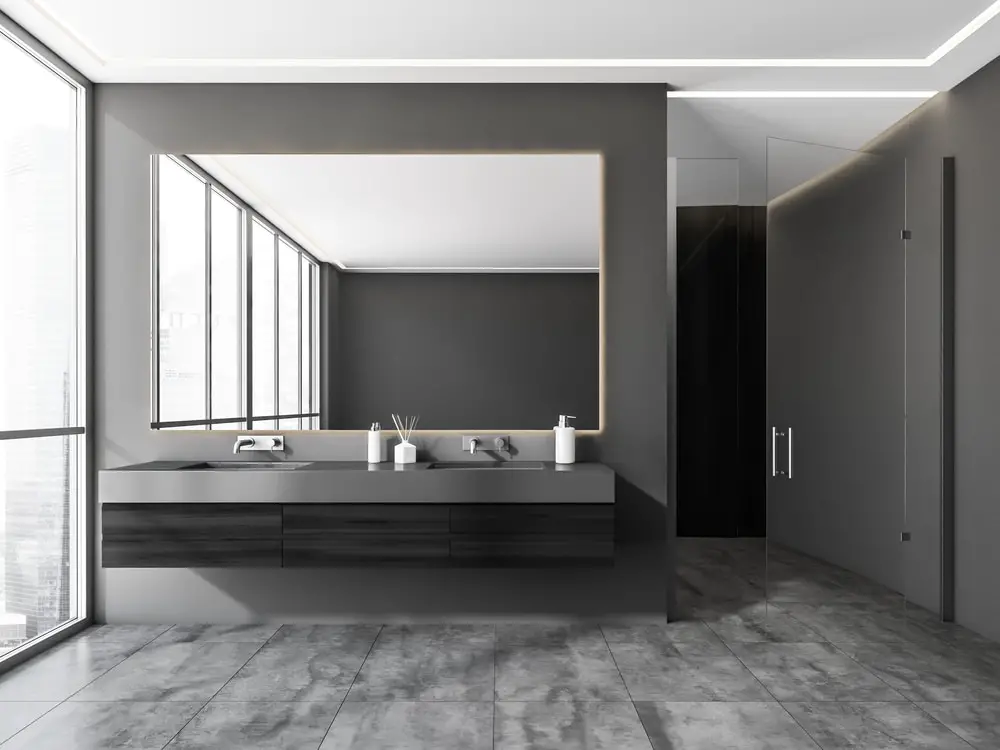 gray bathroom design with panoramic window