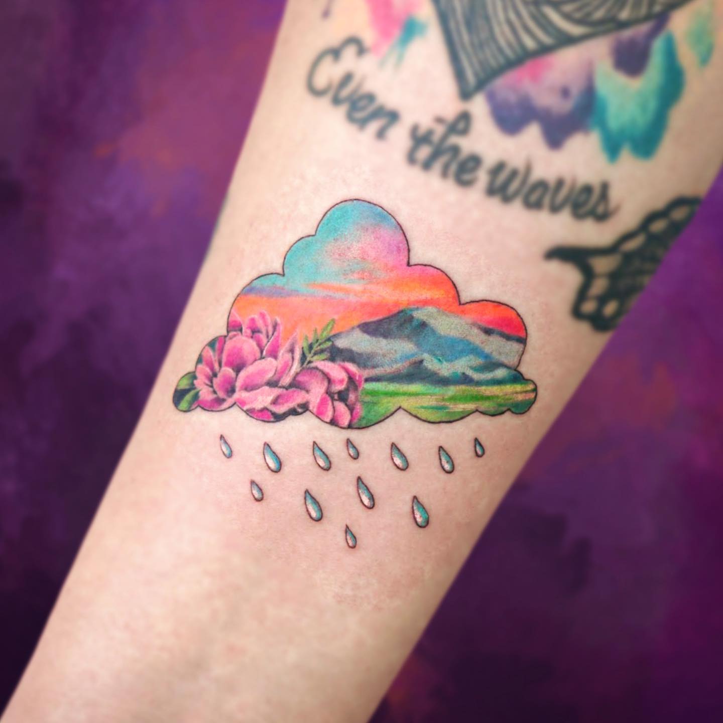 rain cloud colorful tattoo