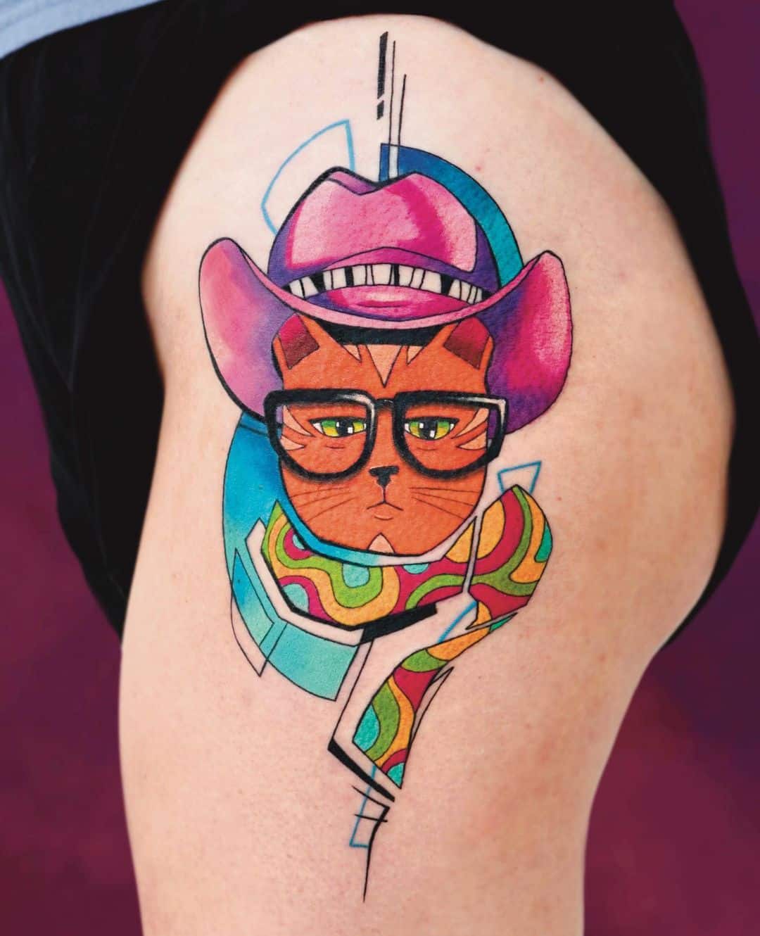 cowboy cat colorful tattoo 
