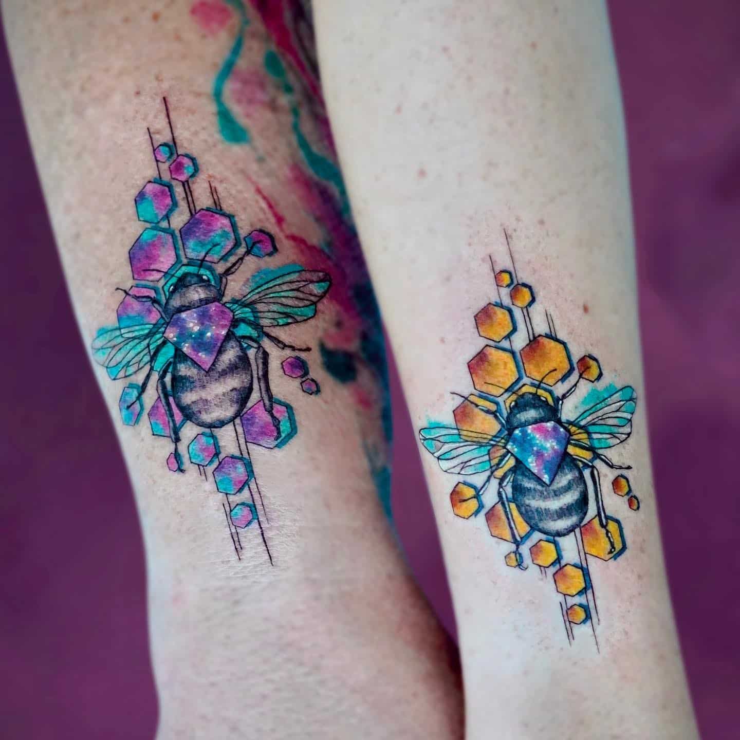 mother daughter bee matching colorful tattoo