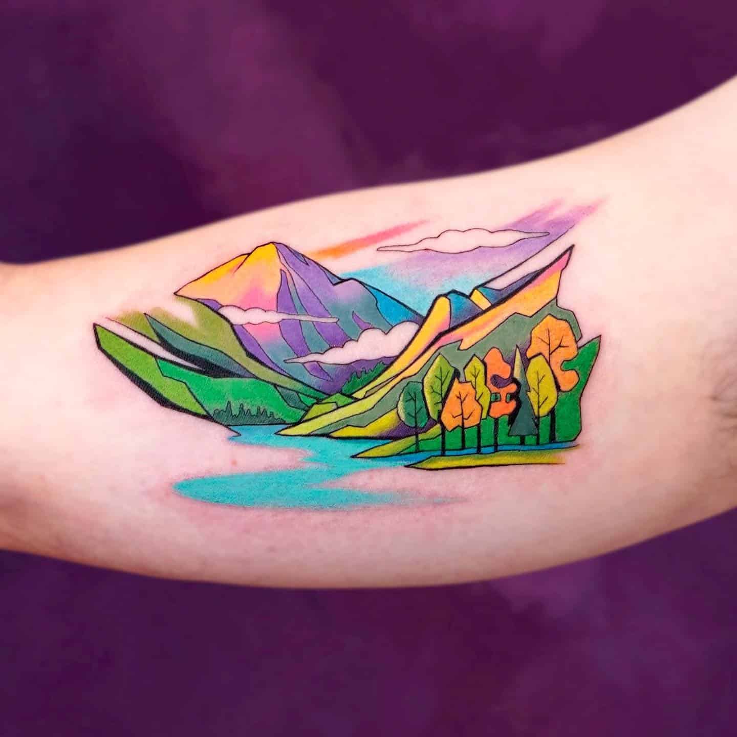 maine landscape colorful tattoo