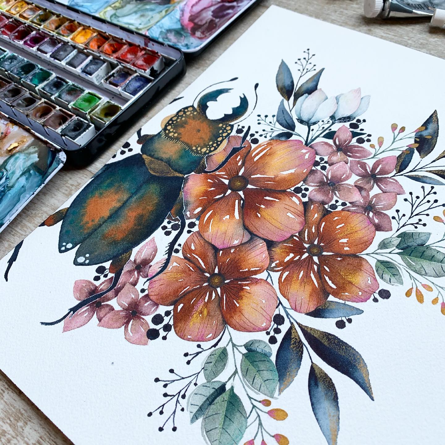 bug flowers watercolor painting