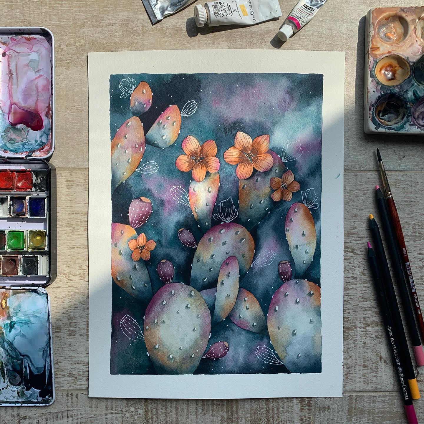 floral cactus watercolor painting
