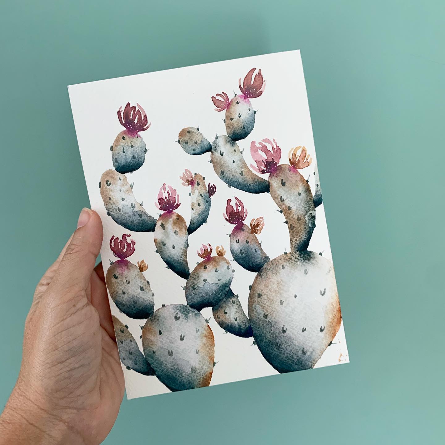 cactus with flowers watercolor painting