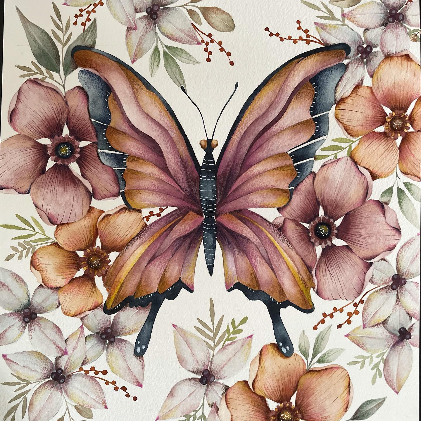 butterfly and flowers watercolor painting