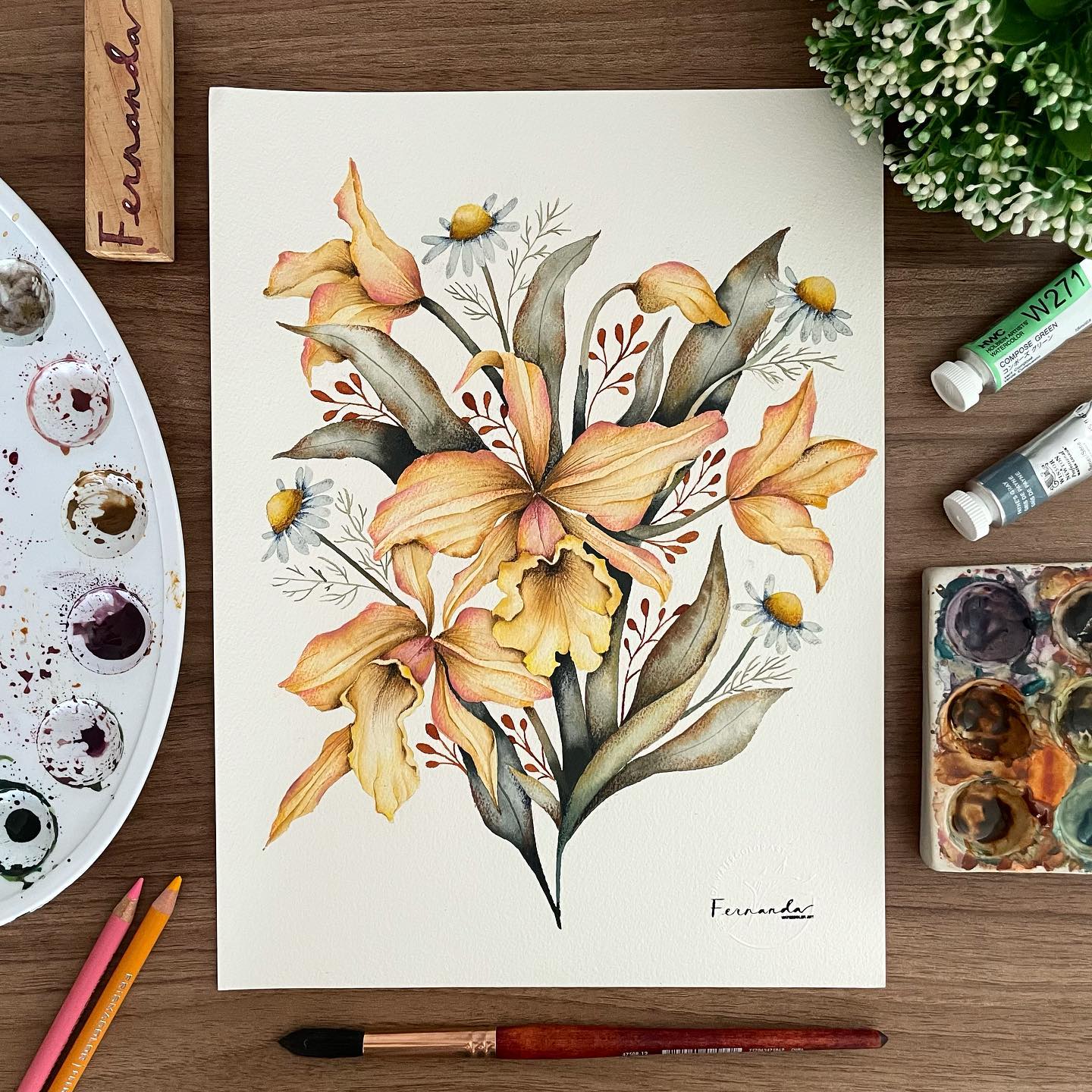 yellow iris watercolor painting