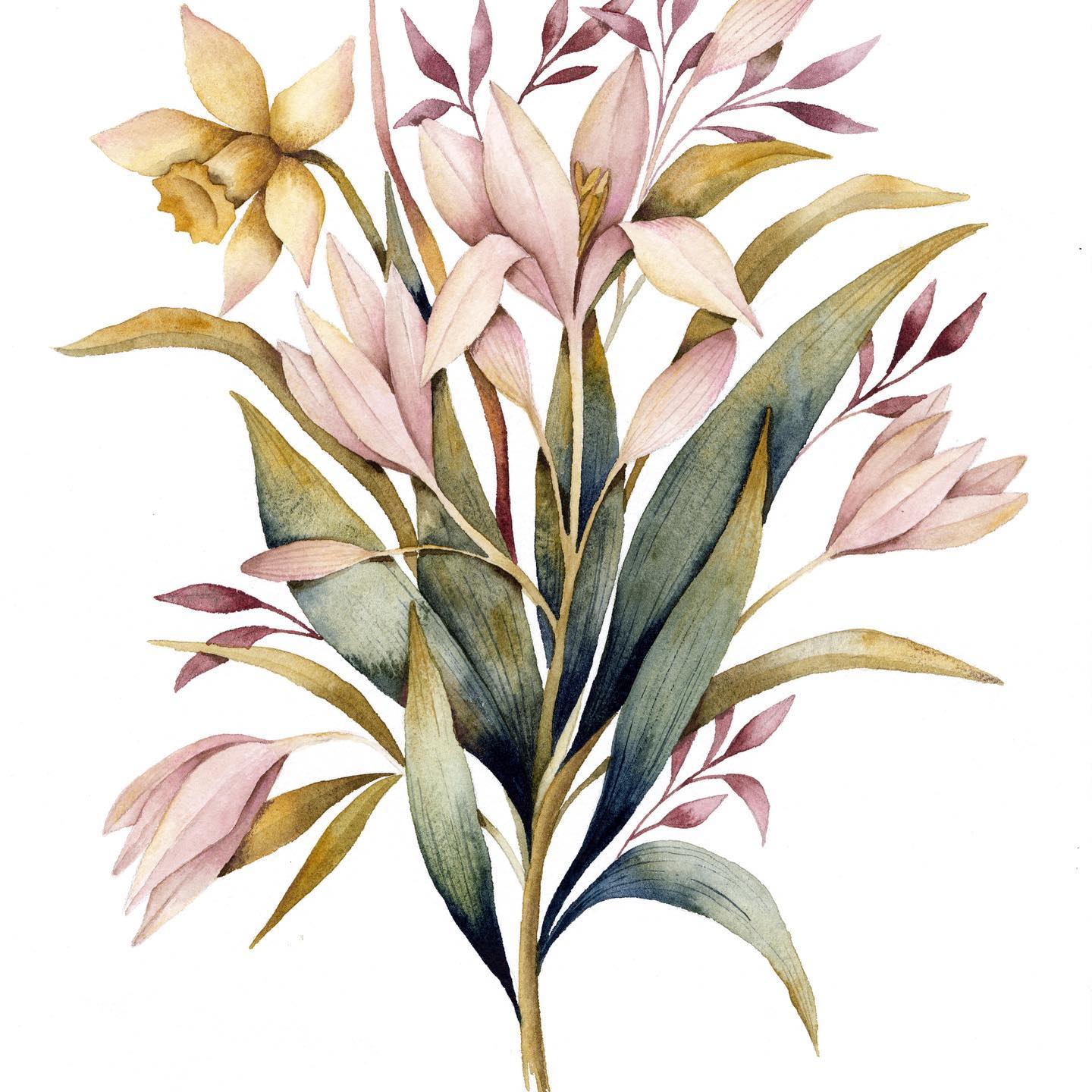 daffodils magnolias watercolor painting