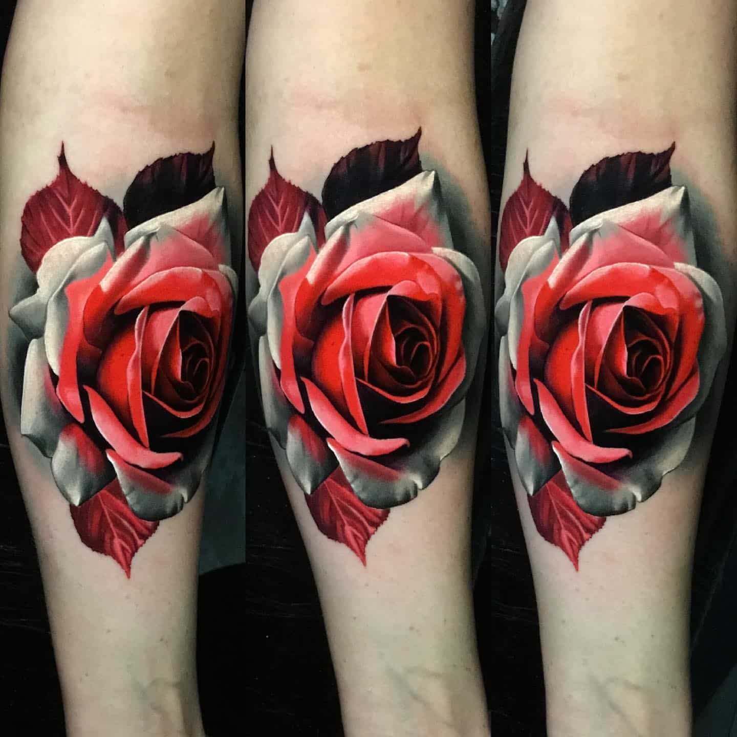 pink and red rose tattoos on the forearm