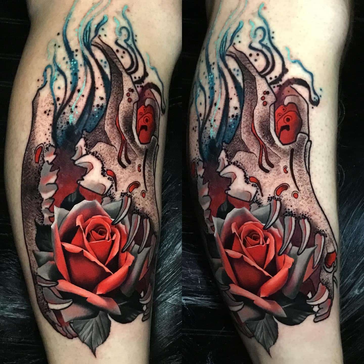 red rose tattoo with animated background on mans calves