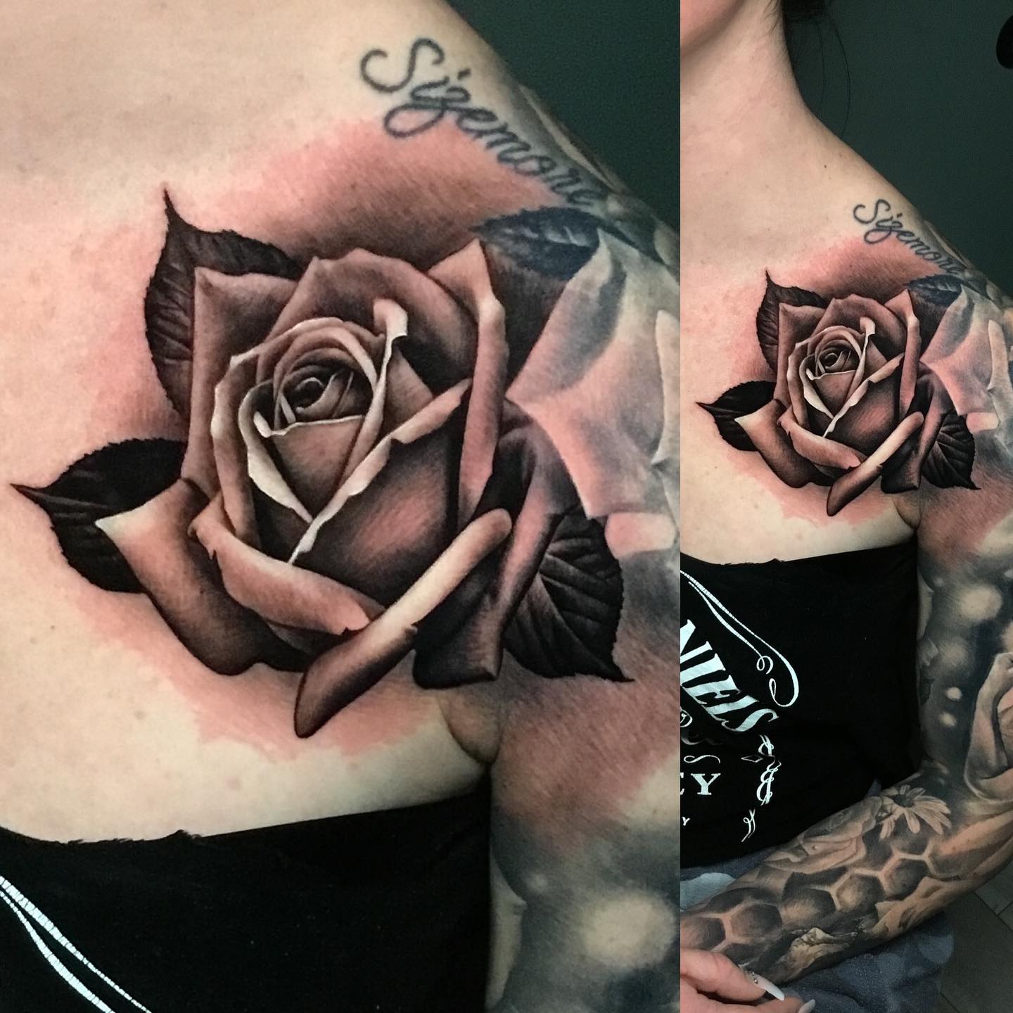 realistic black and gray tattoo on womans shoulder