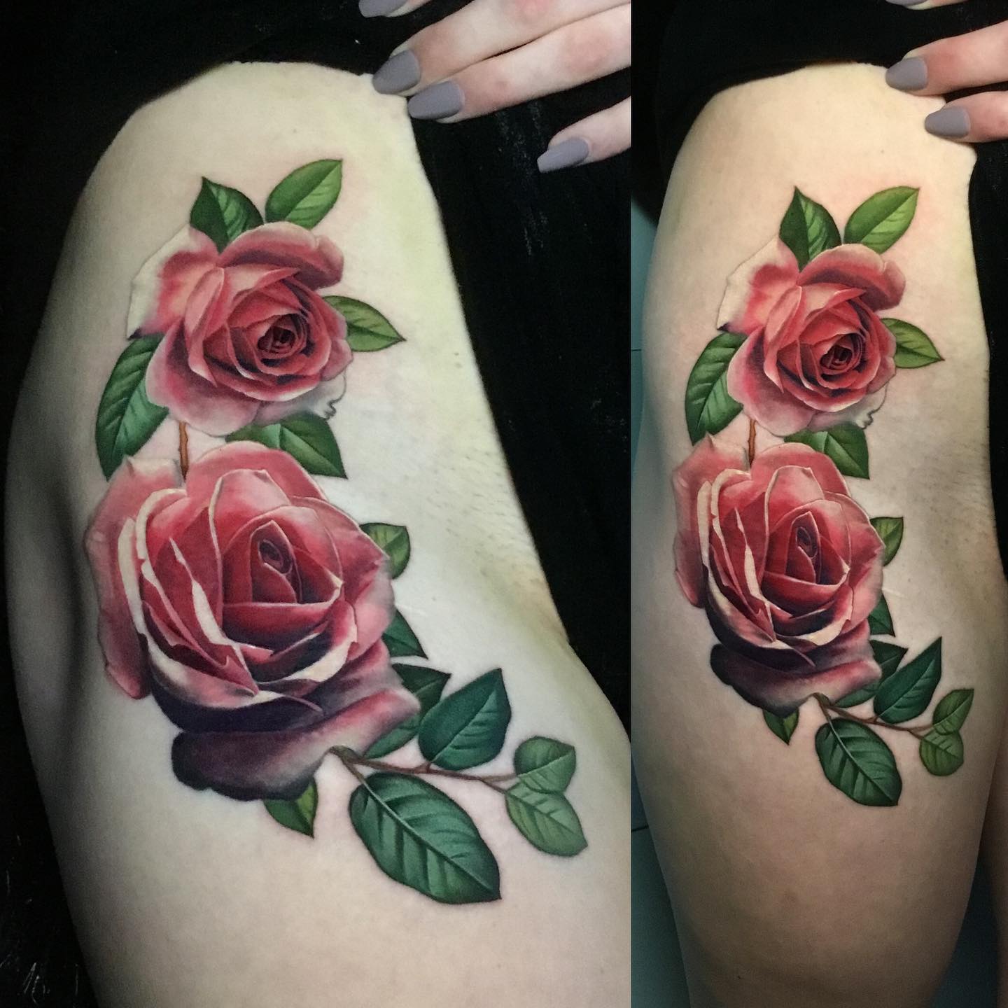 realistic pink rose tattoo on a womans thigh
