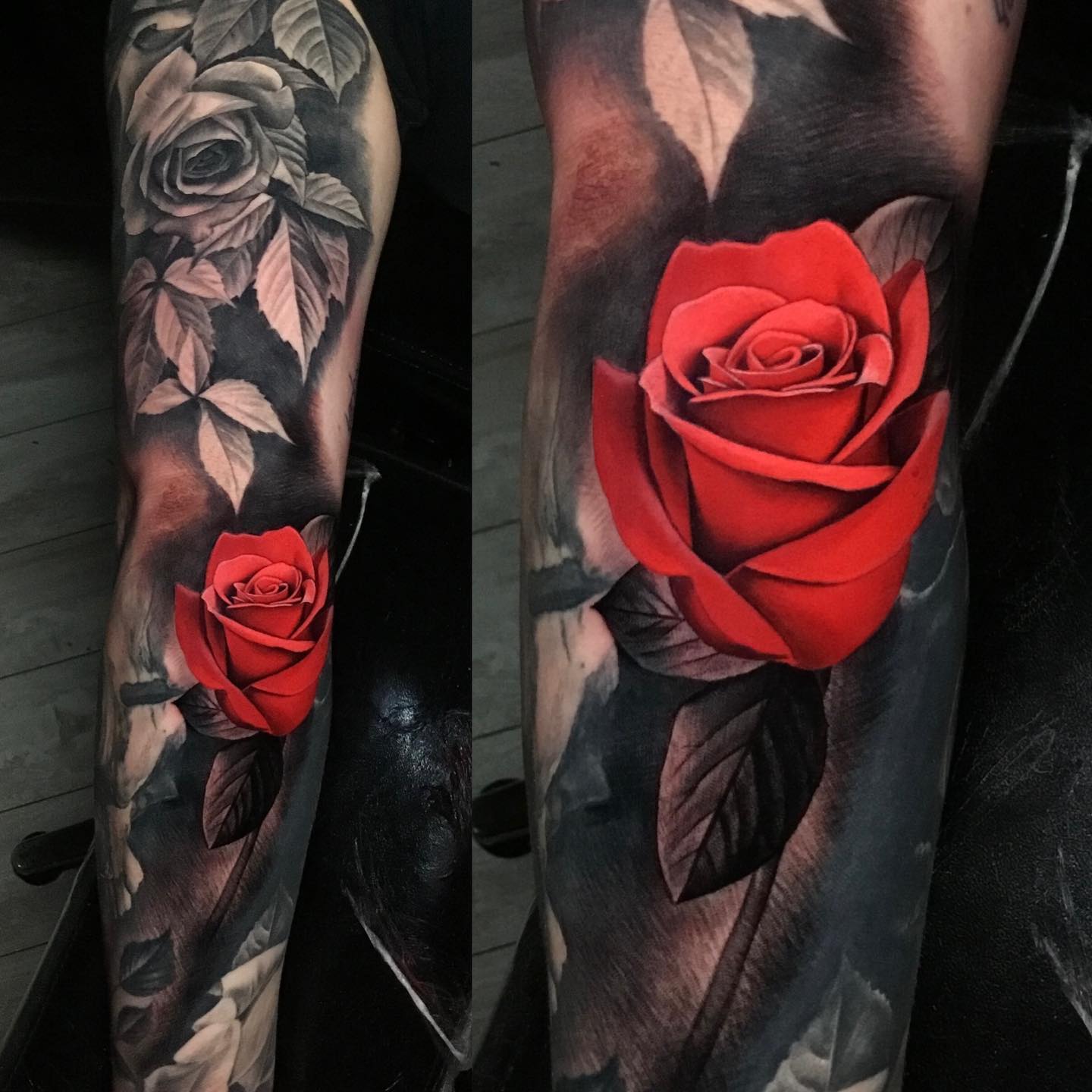 red rose tattoos on mans arms