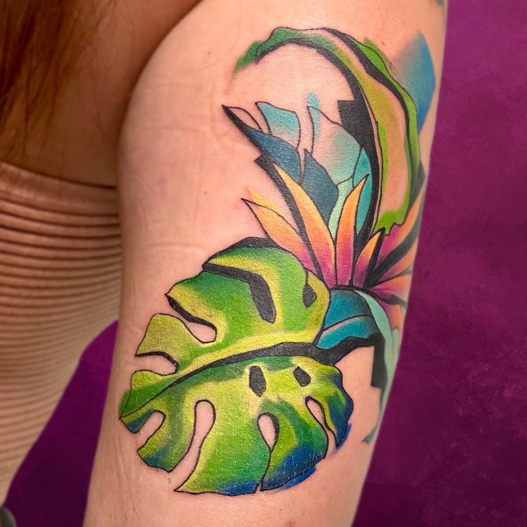 large leaves colorful tropical tattoo design