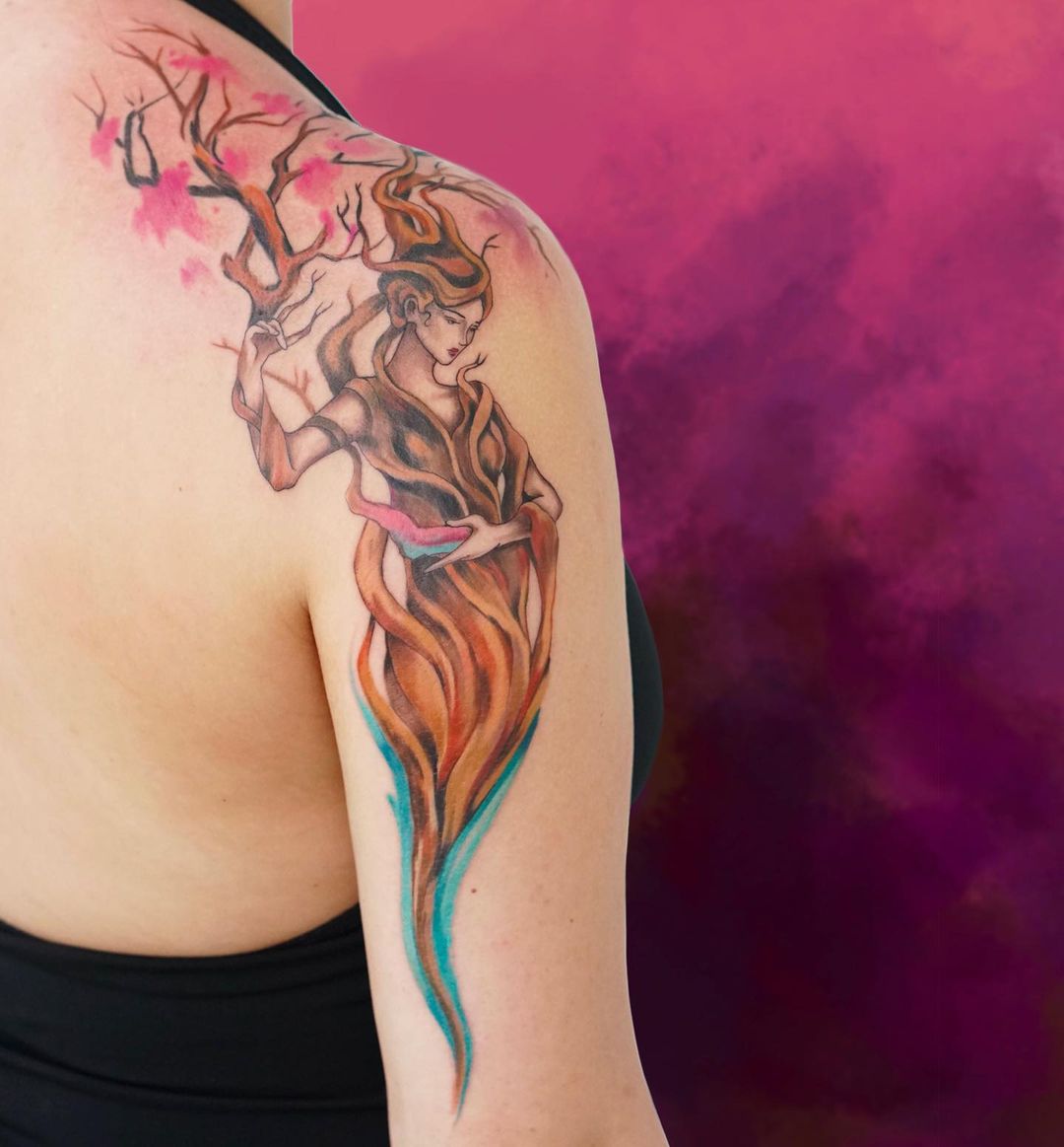 female tree portait colorful tattoo