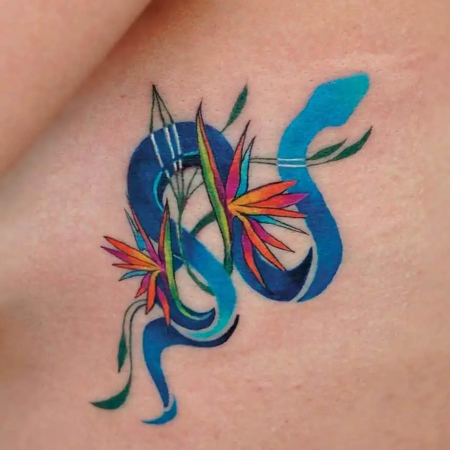 Snake And Bird Of Paradise Colorful Tattoo